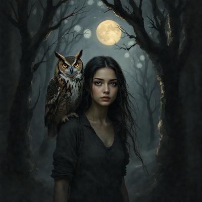 The primary subject of the image is a woman with long hair, wearing a black shirt. She is standing in a forest, surrounded by trees. The setting is a dark, mysterious forest with a full moon in the background. The visual style is a painting, which creates a dramatic and moody atmosphere. The colors are predominantly dark, with the woman's shirt being the only bright spot in the scene.